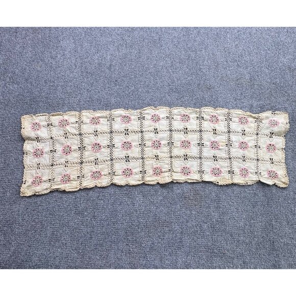 VTG Hand-Crocheted Lace‎ Table Runner With Pink Floral Accents 12" X 40" Boho - Picture 8 of 12